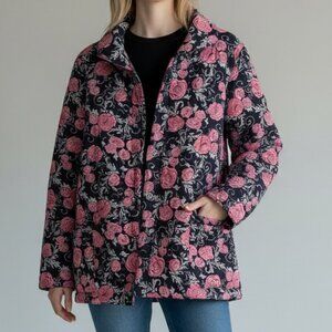Vintage‎ Pink & Blue Floral Quilted Jacket Faux Fur Lining Sz M Cottagecore Cozy